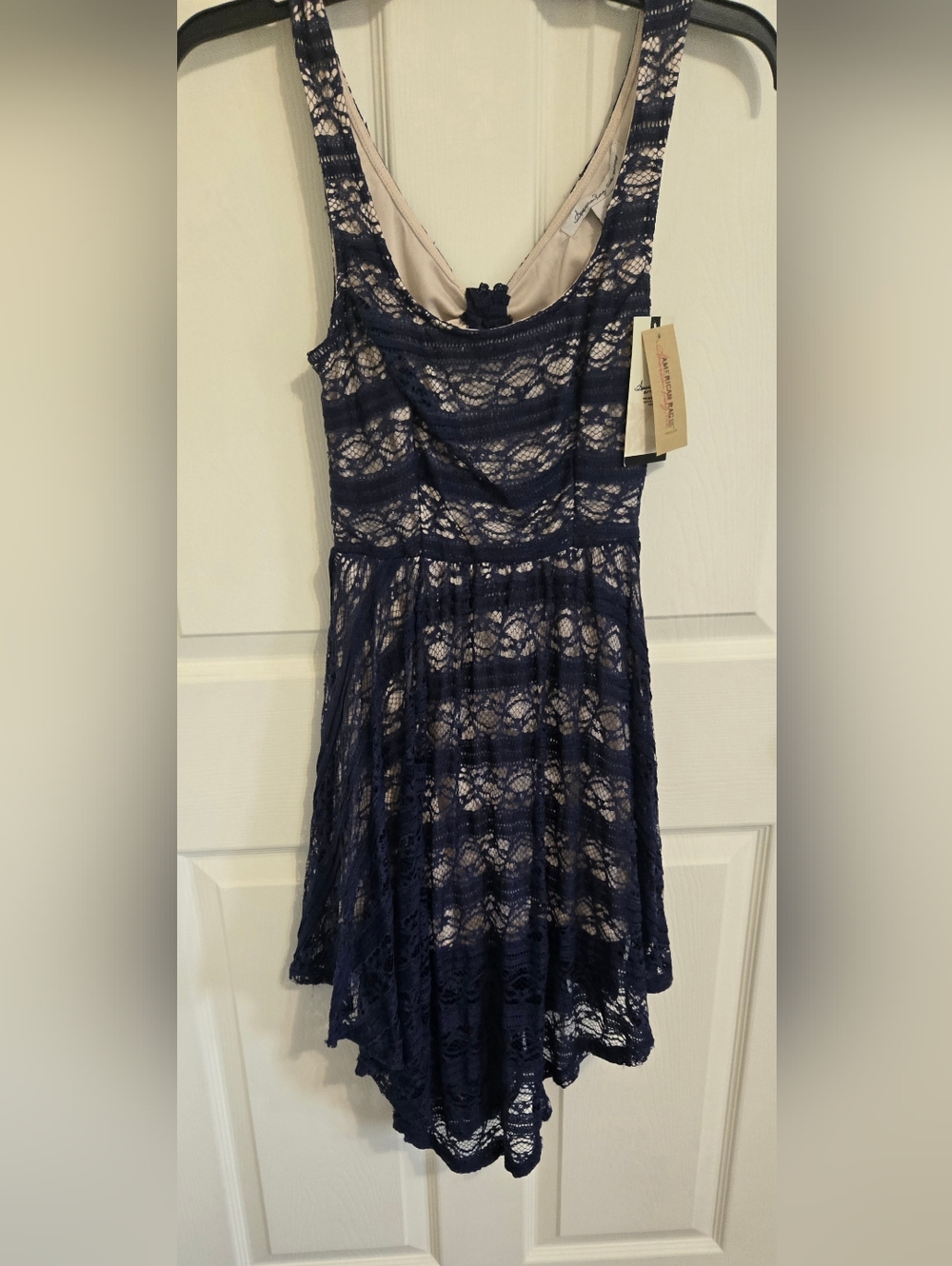 American Rag Navy Lace Asymmetrical Skater Dress with Nude Lining